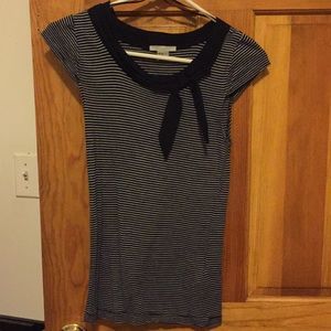 Navy and white striped stretch shirt w bow detail